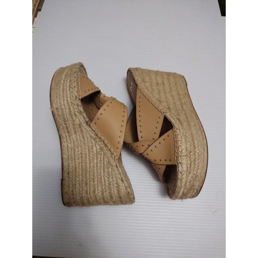 Marc Fisher Angelina Women's Tan Studded‎ Espadrille Wedge Platform Size 7.5